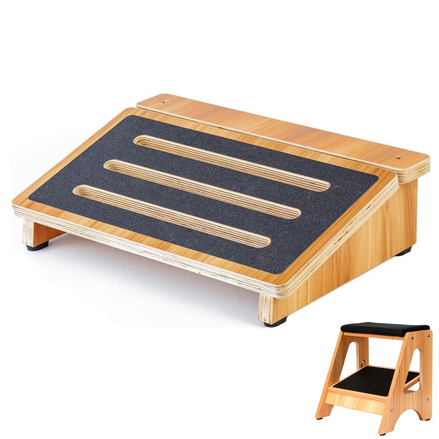 StrongTek Wooden Footrest Set, Adjustable Double-Step Foot Stool + 4" Ergonomic Under Desk Footrest, Cushioned & Non-Slip Design for Posture, Comfort & Circulation, Ideal for Office & Home