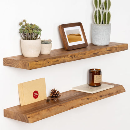 30 Inch Floating Shelves for Wall, Solid Elm Wood Live Edge Floating Shelves for Bedroom Living Room Bathroom, Wall Mounted Wooden Shelf with Invisible Bracket for Books Decor Storage, Natural