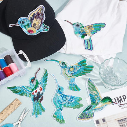 WEBEEDY 6 Sets DIY Hummingbird Rhinestone Beaded Patch Kit Bird Brooch Pin Hair Barrette Making,Sequin Beaded Patches Sew on Crystal Beaded Appliques Patch for Spring Clothes Shoes Sewing Patchworks