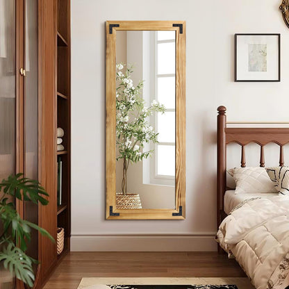 YNCLCS 55"x22" Full Length Mirror with Wooden Frame，Natural Wooden Standing Mirror, Solid Wood Frame, Hanging or Leaning Wall-Mounted, Suit for Farmhouse, Living Room, Bedroom (Light Brown)