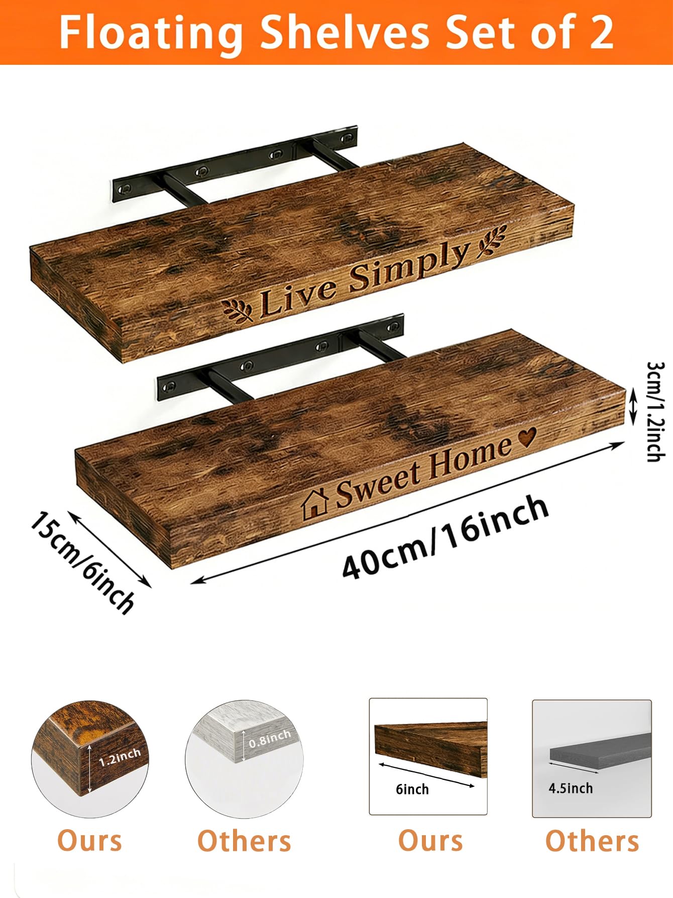MYSHELL Floating Shelves for Wall, 2 Wooden Rustic Shelfs with Screw Mounted, Decorative Wall Mounted Shelves with Invisible Brackets for Bathroom, Bedroom, Kitchen, Office, Living Room (Engraving)