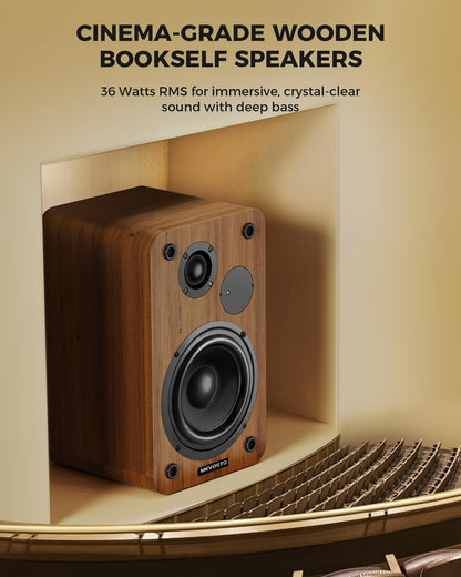 Active Bookshelf Speakers 36W RMS - BT 5.4 Wireless Speaker with 5 Inch Woofer, Silk Dome Tweeter PC Speakers - USB Digital Audio Studio Monitors Bass & Treble Adjust AUX Input for Record Player TV