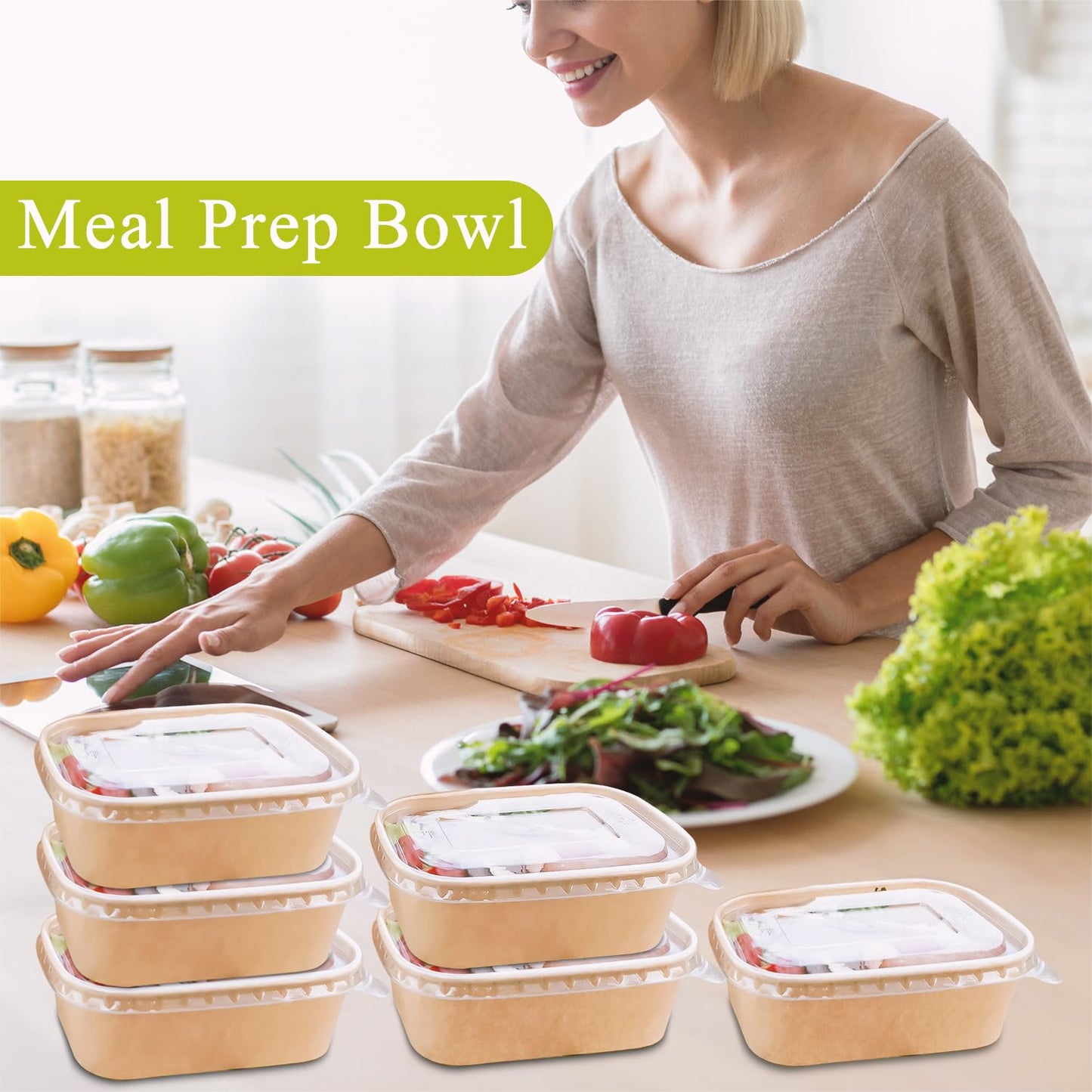 50-Pack 22oz Kraft Paper Bowls Disposable with Lids and Wooden Forks, Disposable Meal Prep Containers Paper Food Prep Containers with Lids, To Go Container for Hot Soup/Salad, Freezer & Microwave Safe
