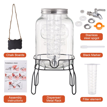 2 Gallon Glass Drink Dispensers for Parties, Beverage Dispenser with Stand, Fruit Infuser and Stainless Steel Spigot 100% Leakproof, Beverage Dispenser for Lemonade Sun Tea