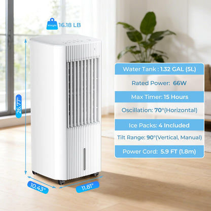 Electactic Portable Air Cooler,3 In 1 Swamp Cooler with Ice Packs,15H Timer,3 Speeds & Modes,Windowless AC for Apartments,Bedroom,Office,45dB Quiet,Pet-Friendly,White
