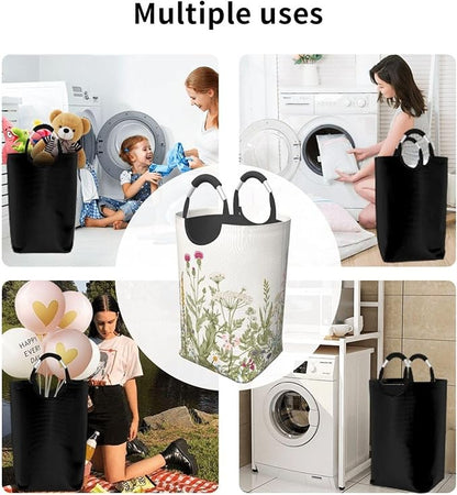 Vintage Floral Plants Laundry Basket Wild Flowers Herbs Foldable Collapsible