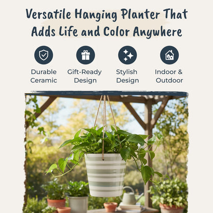 Blue Sky Ceramic Hanging Green Stripe 6.5'' Flower Pot, Multi Color