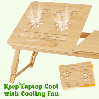 Bamboo Laptop Desk, Adjustable Foldable Bed Tray Table for Bed, Sofa, and Floor, Portable Lap Desk with Tilting Top & Drawer for Writing, Reading, Breakfast, Drawing, and Working
