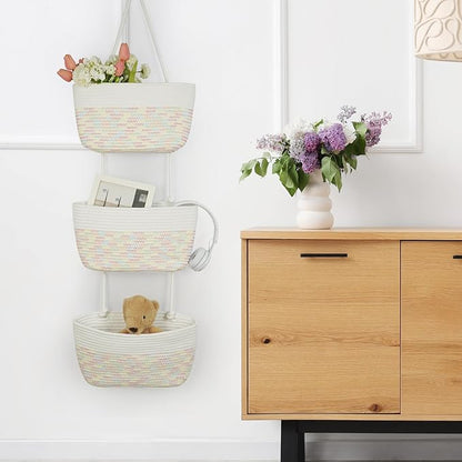 TeoKJ 3-Tier Woven Cotton Wall-Mounted Hanging Storage Baskets, Over the Door