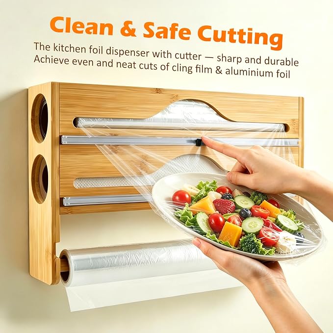 Plastic Wrap Dispenser with Cutter, 3 in 1 Tin Foil Wrap Dispenser Wall-Mounted Organizer for Baking Paper, Wax Paper Holder Kitchen Storage Box (Wood)