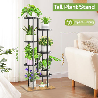 iDavosic.ly 6 Tier Plant Stand Indoor Outdoor Set of 2, Metal Wood Corner Flower Pot Holder Shelf and 50 Inch Tall Orchid Display Rack for Patio Porch Living Room Balcony, Modern Black & Rustic Brown