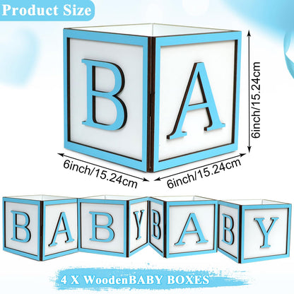 MASTRON Baby Shower Boxes Decorations 4Pcs Wood Baby Blocks with Printed Baby Letter, Blue Baby Shower Centerpieces for Table, Gender Reveal Neutral Baby Shower Supplies