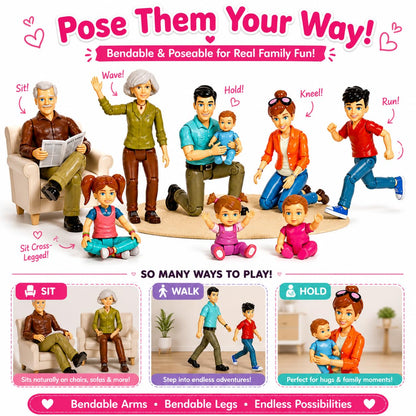 Beverly Hills Sweet Li’l Family Bendable Mini Dollhouse Figures | Set of 9 Grandpa, Grandma, Mom, Dad, Sister, Brother, Toddler, Twin Boy & Girl Pretend Play (1:12 Scale)