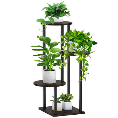 SMFANLIN 4 Tier Plant Stand Indoor, Metal Wooden Tall Plant Shelf Flower Pot Stand for Multiple Plants, Corner Flower Holder Plant Display Rack for Living Room Balcony Patio Garden (Black)