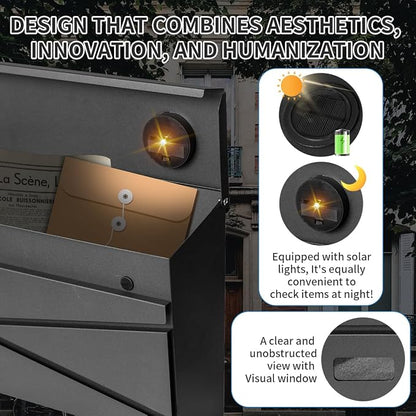 Ydocabinit Wall Mount Mailbox, Large Capacity Mailbox for House, Visibility Galvanized Steel Rust-Proof Metal Post Box Drop, Mailboxes for Outside, 15.74"×9.84"×4.33" Solar Lanterns Black