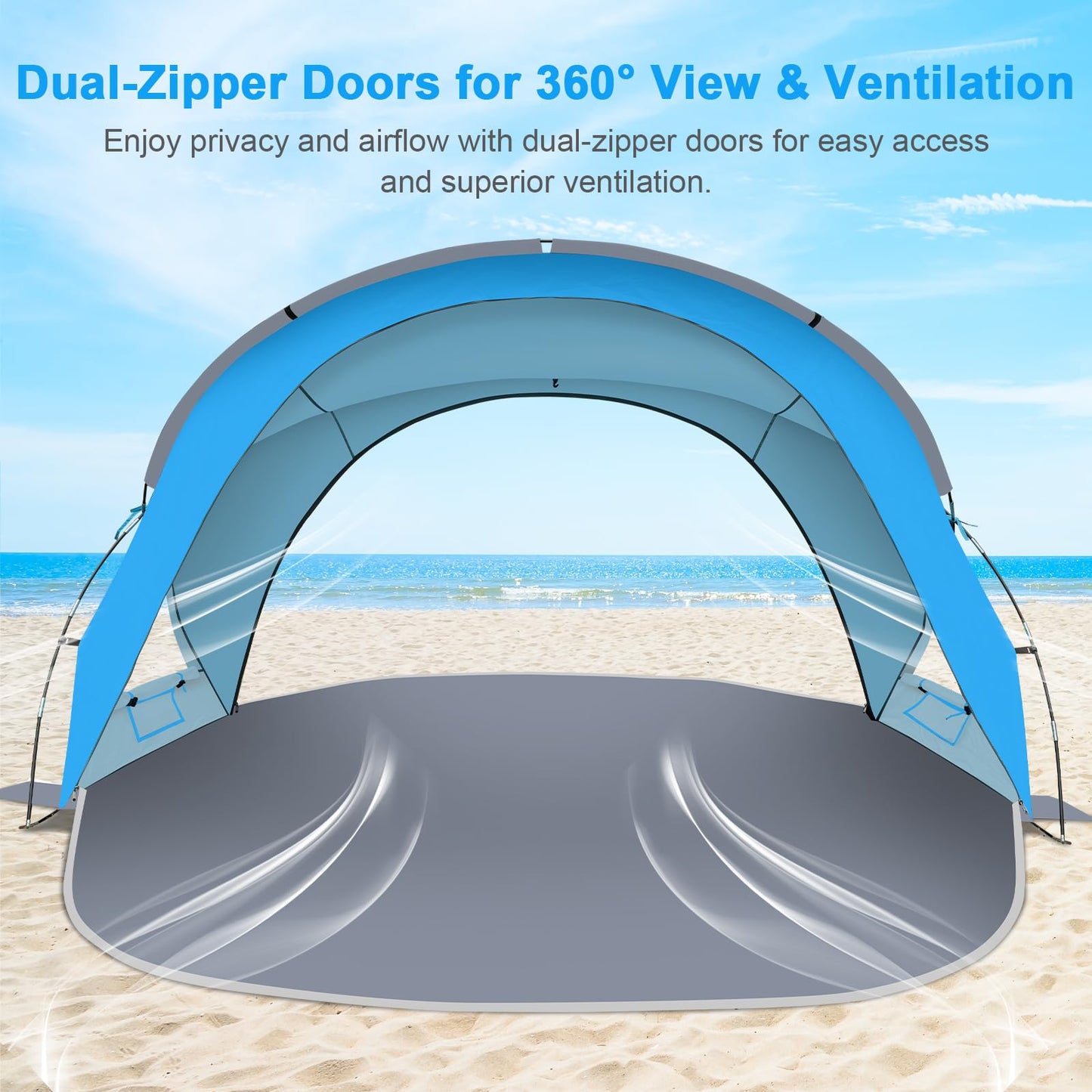 Gorich Beach Tent Sun Shelter with UPF50+ UV Protection for 3/4-5/6-7 Person, Lightweight & Portable Beach Shade Canopy with 2 Zippered Doors, Easy Setup Family Beach Umbrella