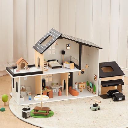 OOOK Wooden Dollhouse Garage Set Includes Workbench, Lawn Mower, Bicycle and Car, Dollhouse Furniture & Accessories for Kids