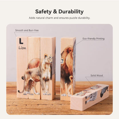 IEATFO 4 in 1 Wooden Animal Chunky Puzzle, 5 Solid Wood Puzzle Blocks with 4 Sides Realistic Safari Animals, Wooden Block Puzzle with Durable Base for Toddlers 3+ Years - Montessori Inspired