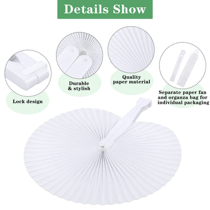 MCEAST 100 Pack Wedding Paper Fans Handheld Folding Fan White Round Shaped Folding Paper Fans Handheld Fan with Plastic Handle and Bags for Wedding Birthday Party Favors Supplies Home Decor