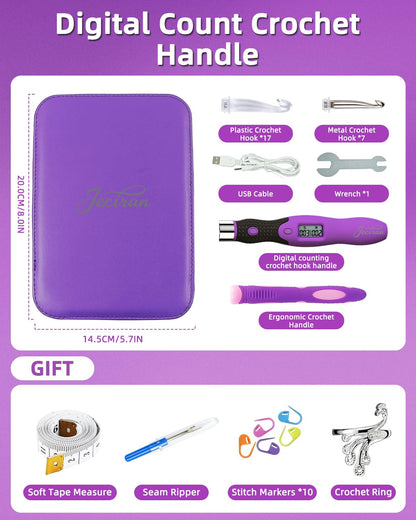 Upgraded Counting Crochet Hook Set - 24-in-1 Interchangeable Hooks Kit - Light Up, Digital Stitch & Row Counter- No Need to Move Fingers- Ergonomic for Arthritic Hands - Cool Gift