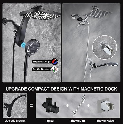 BOZYBO Rain Shower Head with Handheld: High Pressure Shower Heads with Handheld Spray Combo, 12" Rainfall Shower Head and 9 Sprays Hand Showerheads with Magnetic Docking and Power Jets, Black 1.8GPM