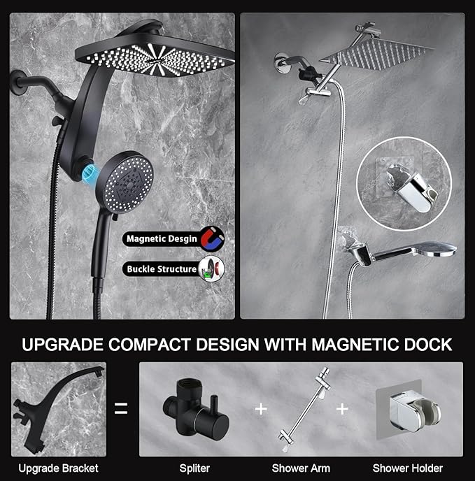 BOZYBO Rain Shower Head with Handheld: High Pressure Shower Heads with Handheld Spray Combo, 12" Rainfall Shower Head and 9 Sprays Hand Showerheads with Magnetic Docking and Power Jets, Black 1.75GPM
