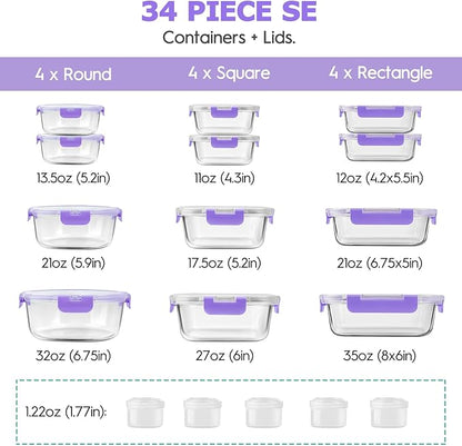 34pcs Glass Food Storage Containers