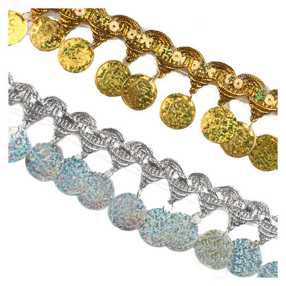 MIPPER 10 Yards Coin Shape Sequin Tassel Trim 1.77 Inch Width Fringe Lace Dance Dress Belt Chain DIY Clothing Ribbon (Gold)