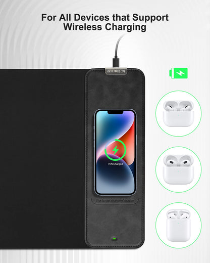 Mouse Pad with Wireless Charging, Large Desk Mat RGB Gaming Mousepad, 10 Light Colors LED Gaming Pad Keyboard Pad with Ultra-Smooth Surface & Non-Slip Rubber Base, Waterproof Full Desk Mouse Pad