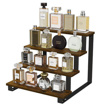 YINMIT Wooden Display Riser Stand,15.75 Inch Tiered Perfume and Cologne Organizer Stand, 4 Tier Spice Rack Organizer, Rustic Display Shelf for Cupcake, Figures, Candles (4 Tier Brown, 15.75 In)
