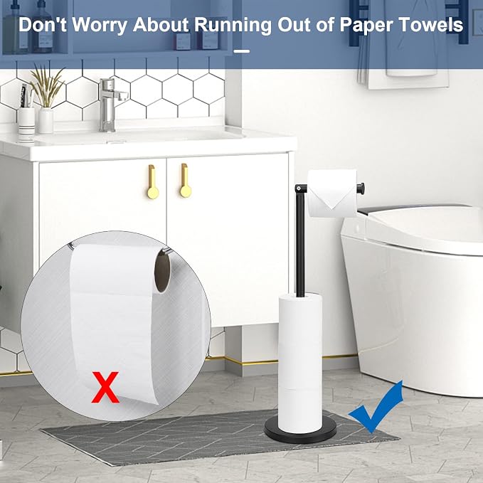 NearMoon Bath Toilet Paper Holder Stand- Modern Tissue Roll Holder Standing with Balanced Base, Rustproof Toilet Roll Holder for Bathroom/Kitchen Countertop (Matte Black, Stainless Steel Base)
