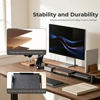 muso wood Dual Monitor Stand with Storage Shelf, 45 Inch Wooden Monitor Riser for 2 Monitors, Walnut Desk Shelf for Computer, Laptop, Screen, TV, Printer