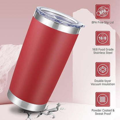 20 oz Tumbler Stainless Steel Tumblers with Lid Double Wall Vacuum Insulated Coffee Mug 20oz Powder Coated Cup for Hot and Cold Drinks, Red, 1 pack