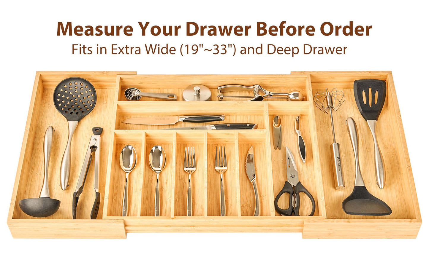 Umilife Bamboo Kitchen Drawer Organizer, 13 Inch Silverware Utensil Tray Holder, Extra Deep Grooved Drawer Divider, 7 Slots Total Bamboo Wood Caddy for Flatware Cutlery Knives, Forks, Spoons