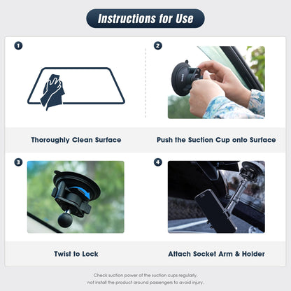 KAPARNER Universal Car Phone Mount, with 25mm Ball Magic Arm and 360° Rotation Phone Holder, Suction Cup Windshield & Dashboard Mount, for iPhone/Samsung/Android, Fits Phone Width 2.56-3.74"(KPS-10)