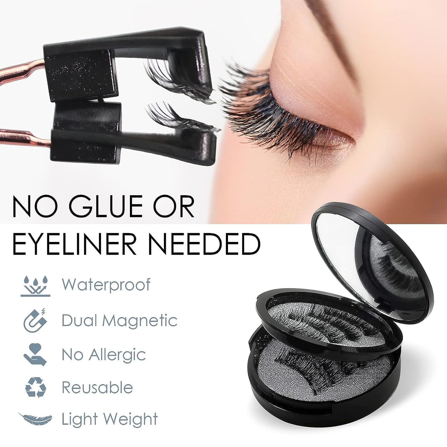 Magnetic Eyelashes, Effectively 3D Natural Look False Lashes without Eyeliner, Reusable & Light Weight Magnetic Eyelashes with Applicator No Glue