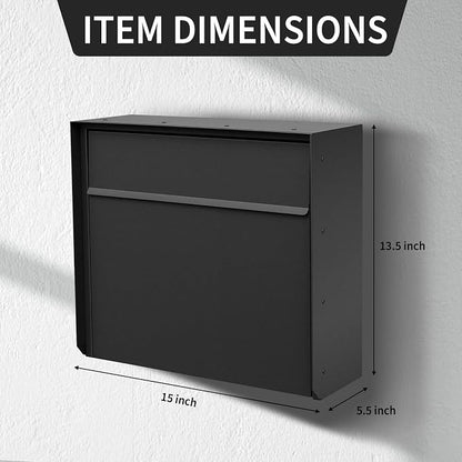 Wall Mount Mailbox for House Outside, Anti-Theft Locking Mailbox, Weatherproof Mailboxes 13.5" H x 15" L x 5.5" D, Black