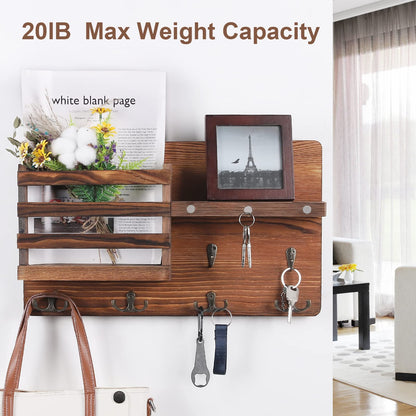 Decorative Key Hanging Rack with 10 Hooks – Easy Install Natural Wooden Key and Mail Holder for Wall Mount – Entryway Decor Rack with Shelf (Brown)