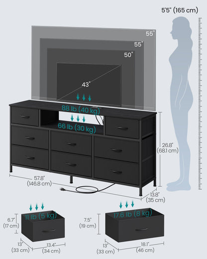 SONGMICS BELLAH Collection - Dresser for Bedroom with Outlets and LED Lights, TV Stand for TVs Up to 65 Inches, Chest of Drawers, 8 Drawers, Steel, Modern, Ink Black ULGS434BH02S