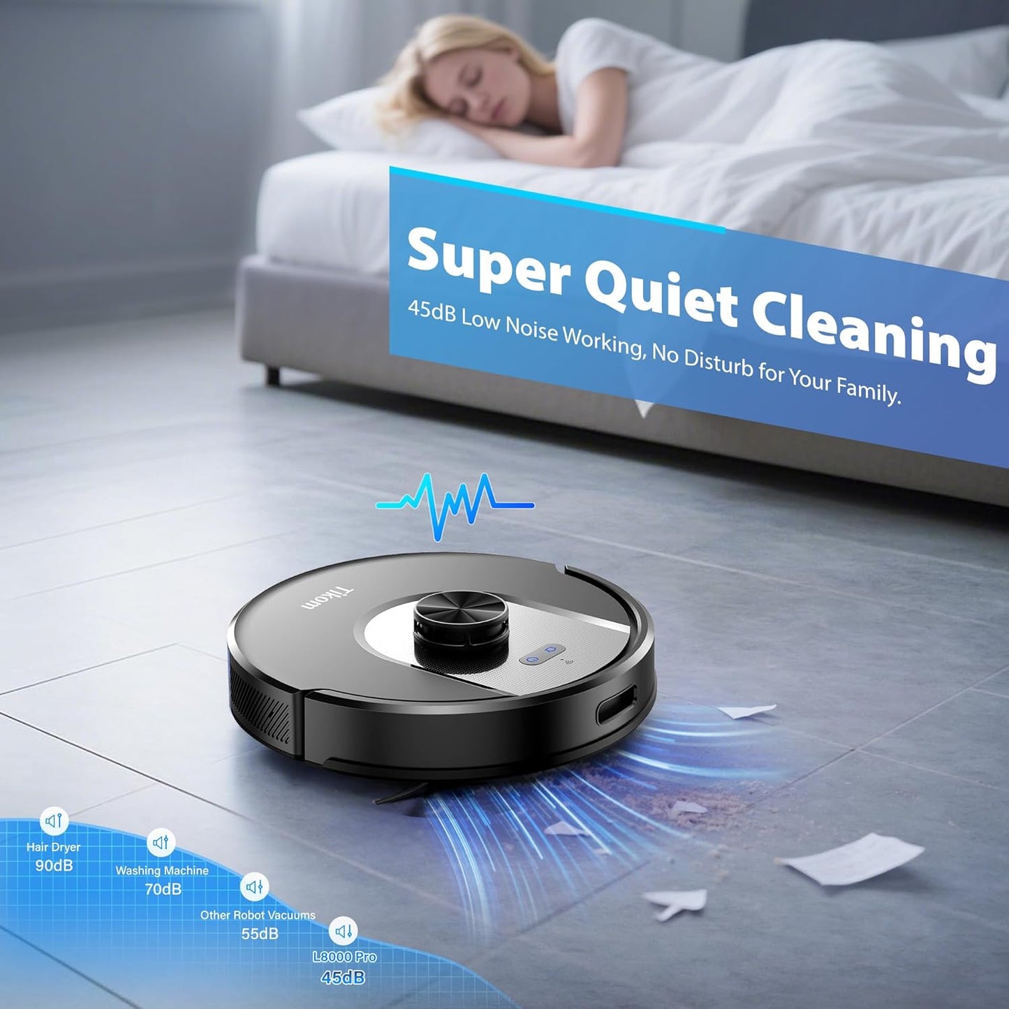 Tikom Robot Vacuum and Mop Combo, 6000 Pa Automatic Robotic Vacuum Cleaner, Smart Mapping, 150 Min Max, Ideal for Pet Hair, Hardfloors, Carpets, Home(L8000 Pro)