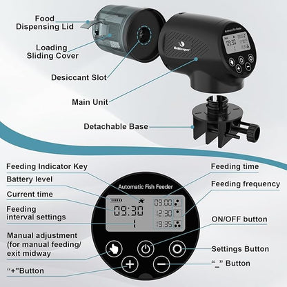 fishkeeper Automatic Fish Feeder for Aquarium: Moisture-Proof Auto Precision Feeders Dispenser with LCD Display for Small Tank Turtle Betta Koi - Battery Food Feeding Timer for Vacation Weekend Day