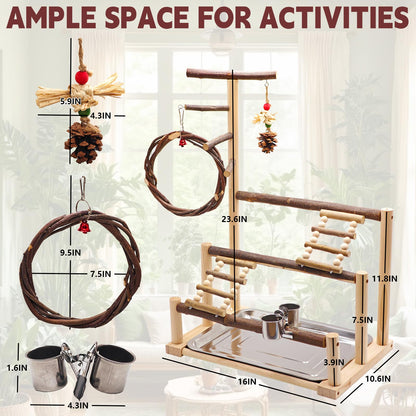 Bird Playground, Natural Wooden Parrot Stand Suitable for Small and Medium Birds, with Feeding Cups, Swing, Chew Toys,Bird Perch Ideal for Parakeets, Budgerigars,Canaries,Conures