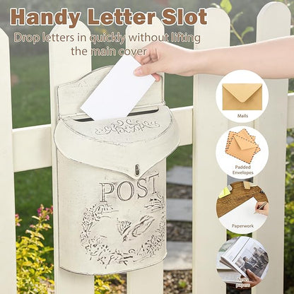 Wall Mount Mailbox for Outside, Metal Vintage Mail Box for Outdoor Decorative, Antique Style Nostalgic Charm Door Mailboxs for Home Garden House Farmhouse Porch Decor-White