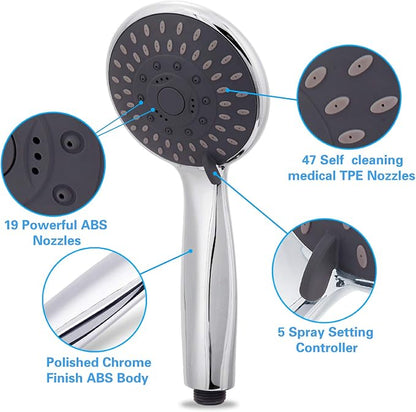 High Pressure Handheld Shower Head Briout 5-Settings Powerful Water Spray Shower Head against Low Pressure Water Flow with Stainless Hose and Adjustable Mount
