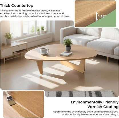 Modern Triangle Coffee Table: Unique Funky Soild Wood Coffee Tables for Living Room, Wooden Oval Mid-Century Modern Abstract Tea Tables for Patio Office Balcony (Natural, 50" Lx31 Wx16 H)