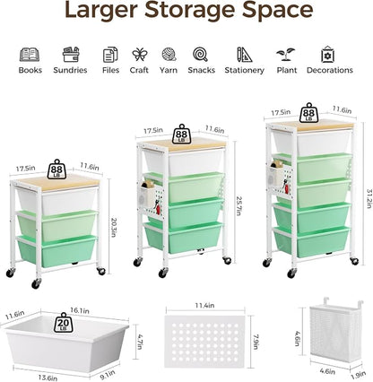 Rolling Cart with 5 Drawers, Plastic Drawer Storage Carts with Wheels & Wooden Tabletop, Metal Utility Cart with Pegboards, Office Living Room Classroom Craft Organization and Storage, Bright Green