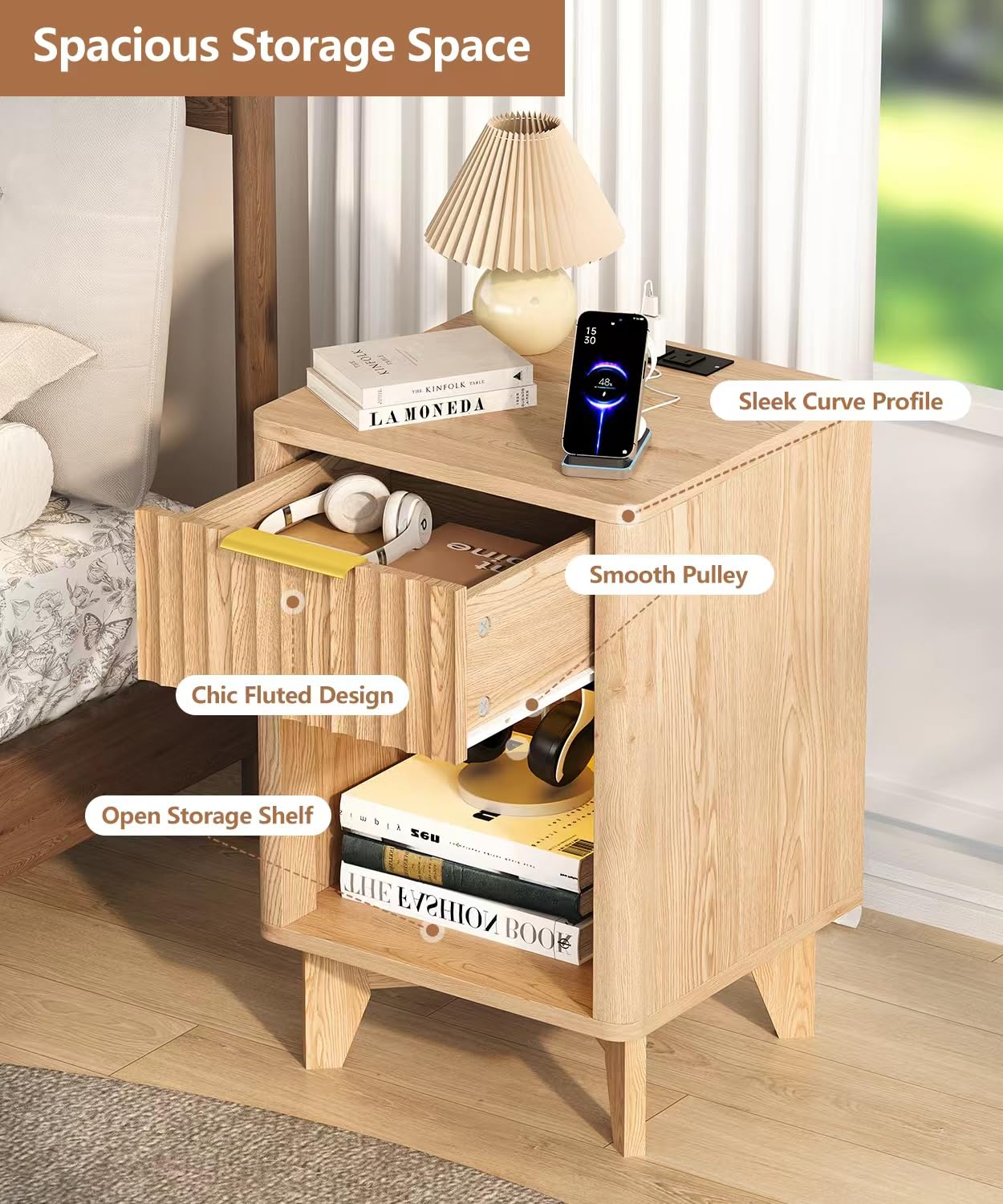 Zeibospri Fluted Nightstand Set of 2, Wooden Night Stand with Charging Station and LED Light, Modern Mid Century End Table with Drawer, Bedside Table for Bedroom, Natural Oak