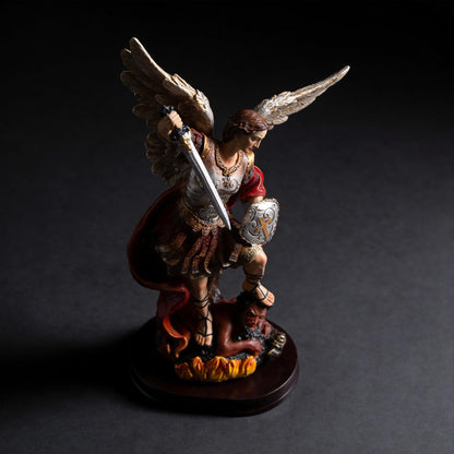 ASTARIKO Catholic St. Michael the Archangel Statue - 11.2” H Hand-Painted Resin Figurine on Premium Wooden Base, Saint Michael Defeating Satan Religious Gifts for Home Decor