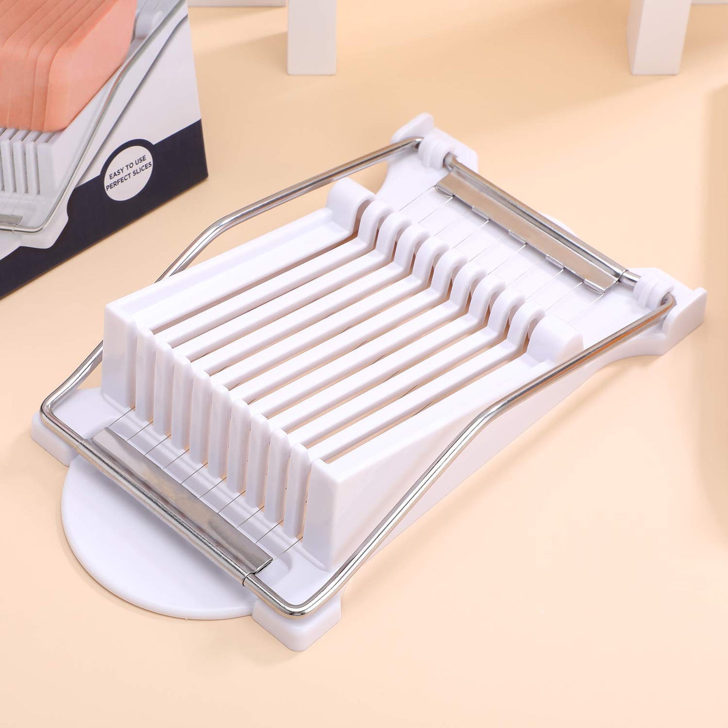 NVTED Slicer, Luncheon Meat Slicer Boiled Egg Fruit Soft Cheese Butter Slicers Cutter, Stainless Steel Wires, Cuts 10 Slices (White)