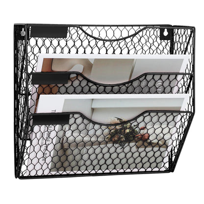 EASEPRES Mail Organizer Wall Mount Hanging File Holder Storage, Metal Chicken Wire Magazine Rack 3 Tier, Black